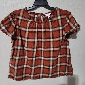 Time And Tru Blouse Womens XXXL Rust Plaid Short Sleeve Ruffle Neck